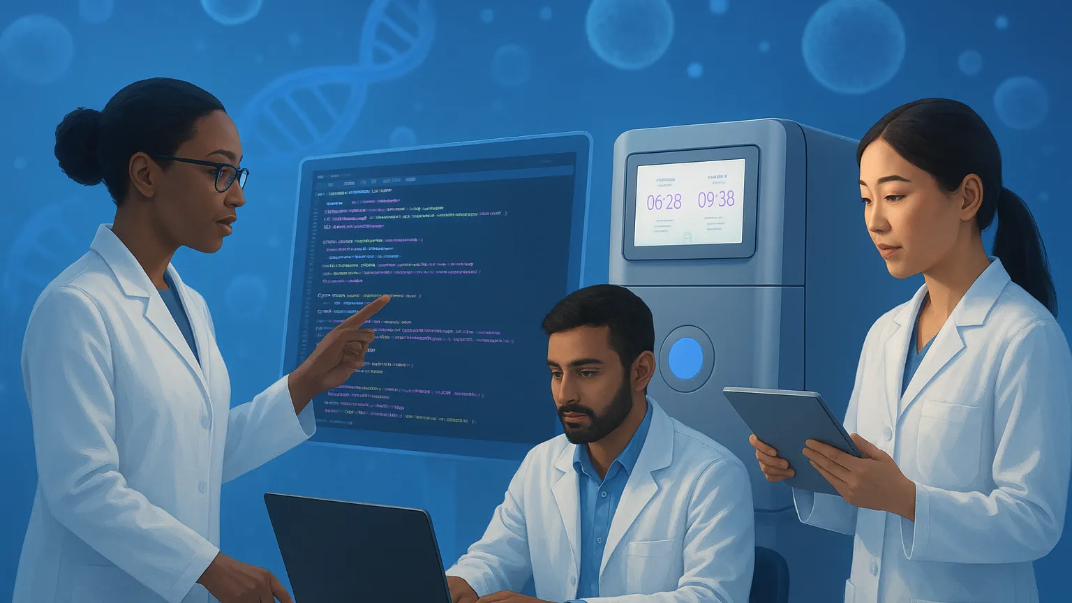 Three researchers in lab coats work together, one using a laptop, another pointing at code on a large screen, and the third holding a tablet. A DNA helix and digital clock are visible in the background