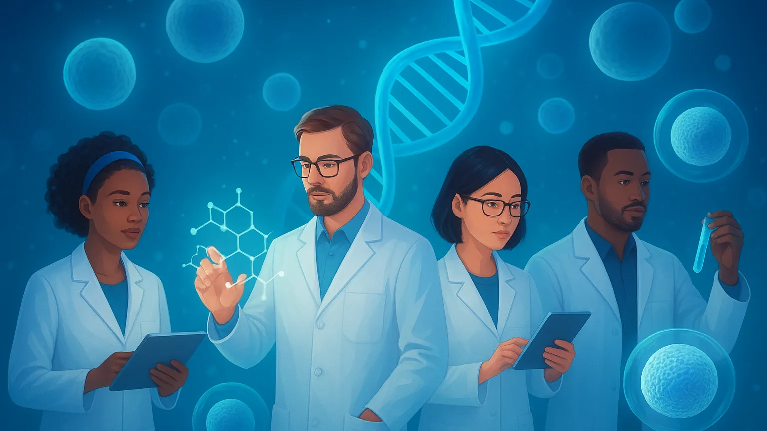 Illustration of four scientists in lab coats, two holding tablets, one interacting with a molecular structure, and another examining a test tube, with DNA and cells in the background