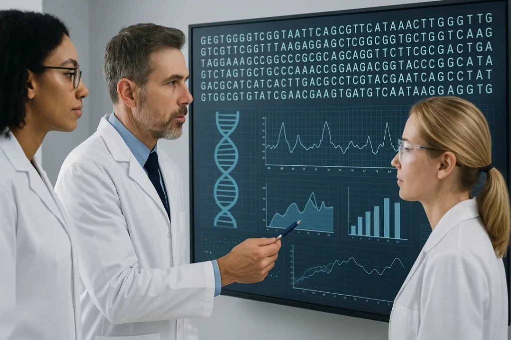 Scientists discussing biomarker prediciton results on a screen