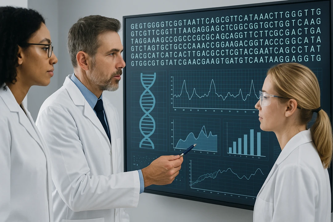 Scientists discussing biomarker prediciton results on a screen