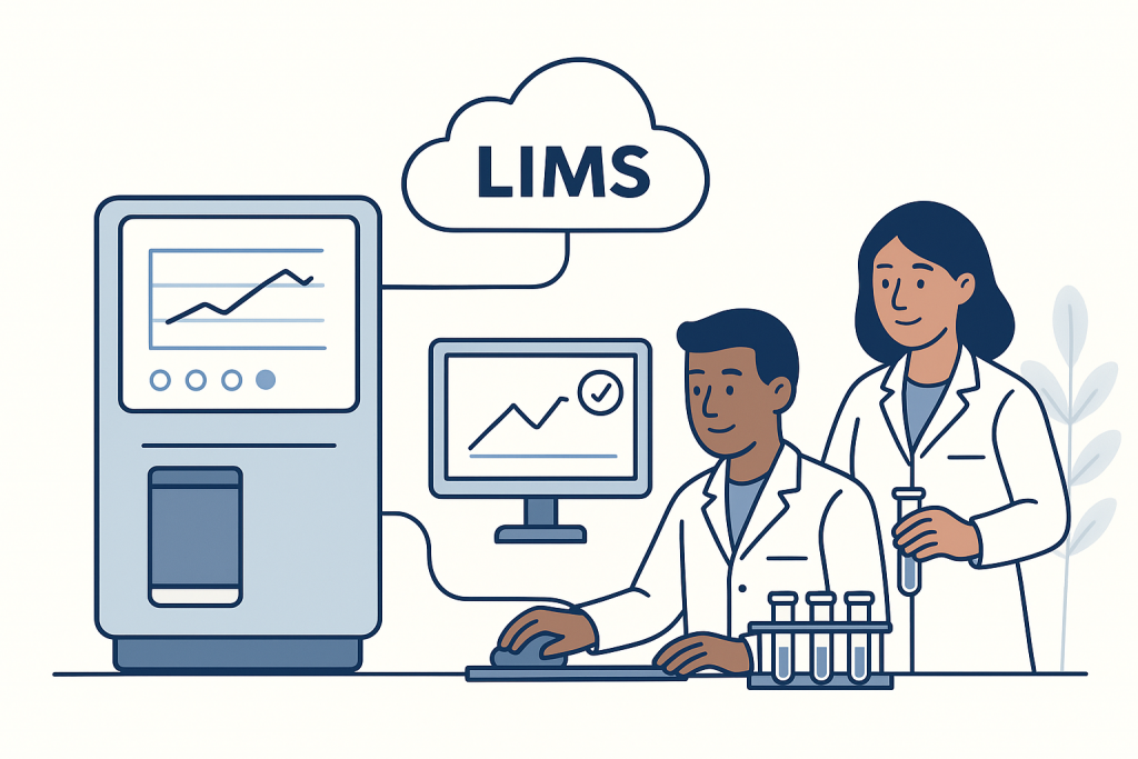 Two scientists uploading data from instruments to LIMS
