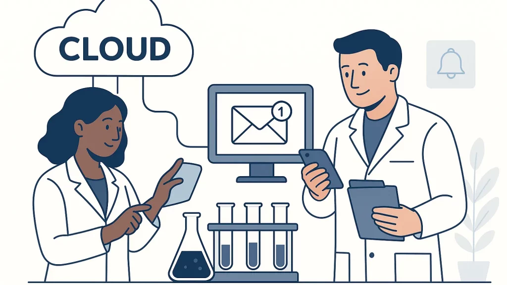 Illustration of two scientists in lab coats using digital devices and cloud technology, with test tubes and a computer screen displaying an email notification.