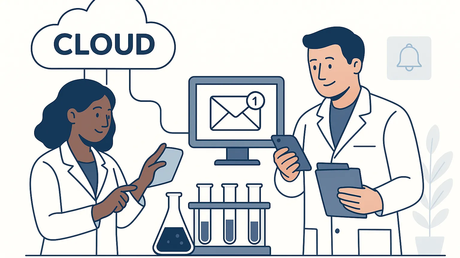Illustration of two scientists in lab coats using digital devices and cloud technology, with test tubes and a computer screen displaying an email notification.