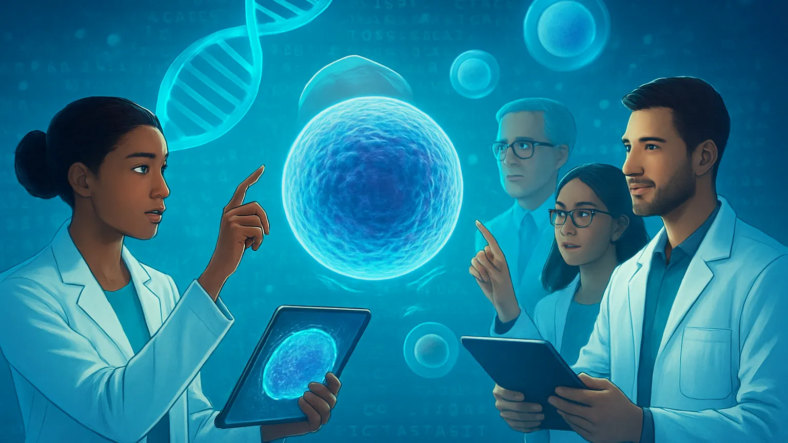 A group of scientists in lab coats examining digital imagery of cells and DNA strands, with tablets in hand, in a virtual lab setting.