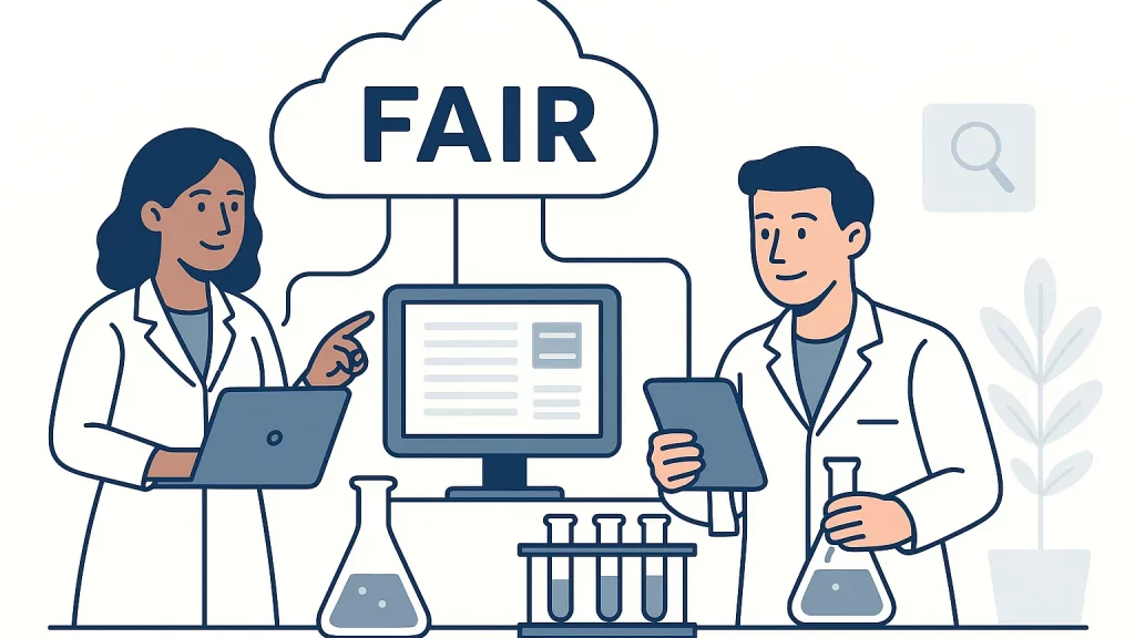 Illustration of two scientists in lab coats, one holding a laptop and pointing at a computer screen with the word 'FAIR' above it, the other holding a tablet and a flask. There are beakers and test tubes on the table.