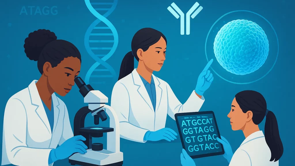 Illustration of three scientists in lab coats working with a microscope, DNA sequence on a tablet, DNA helix, and a cell structure, symbolizing genetic research.
