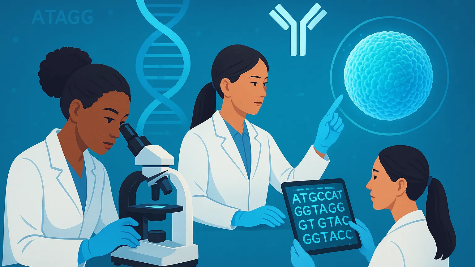 Illustration of three scientists in lab coats working with a microscope, DNA sequence on a tablet, DNA helix, and a cell structure, symbolizing genetic research.