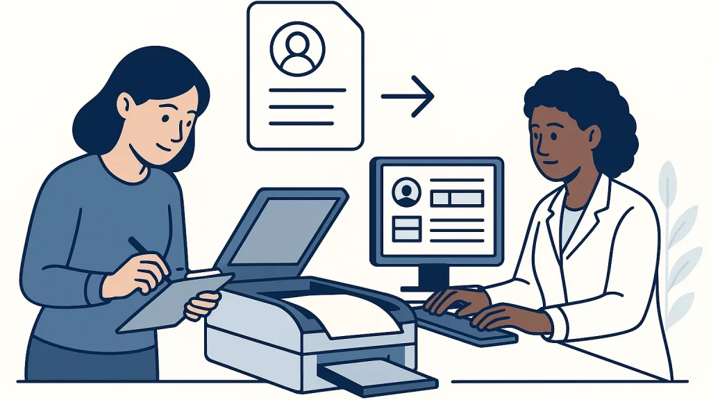 Illustration of two people, one using a scanner and writing on a clipboard, the other using a computer. They are exchanging information represented by a profile document icon.