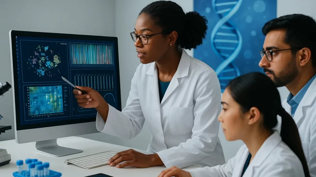 Three scientists in lab coats examining scientific data on a computer screen with a DNA poster in the background.