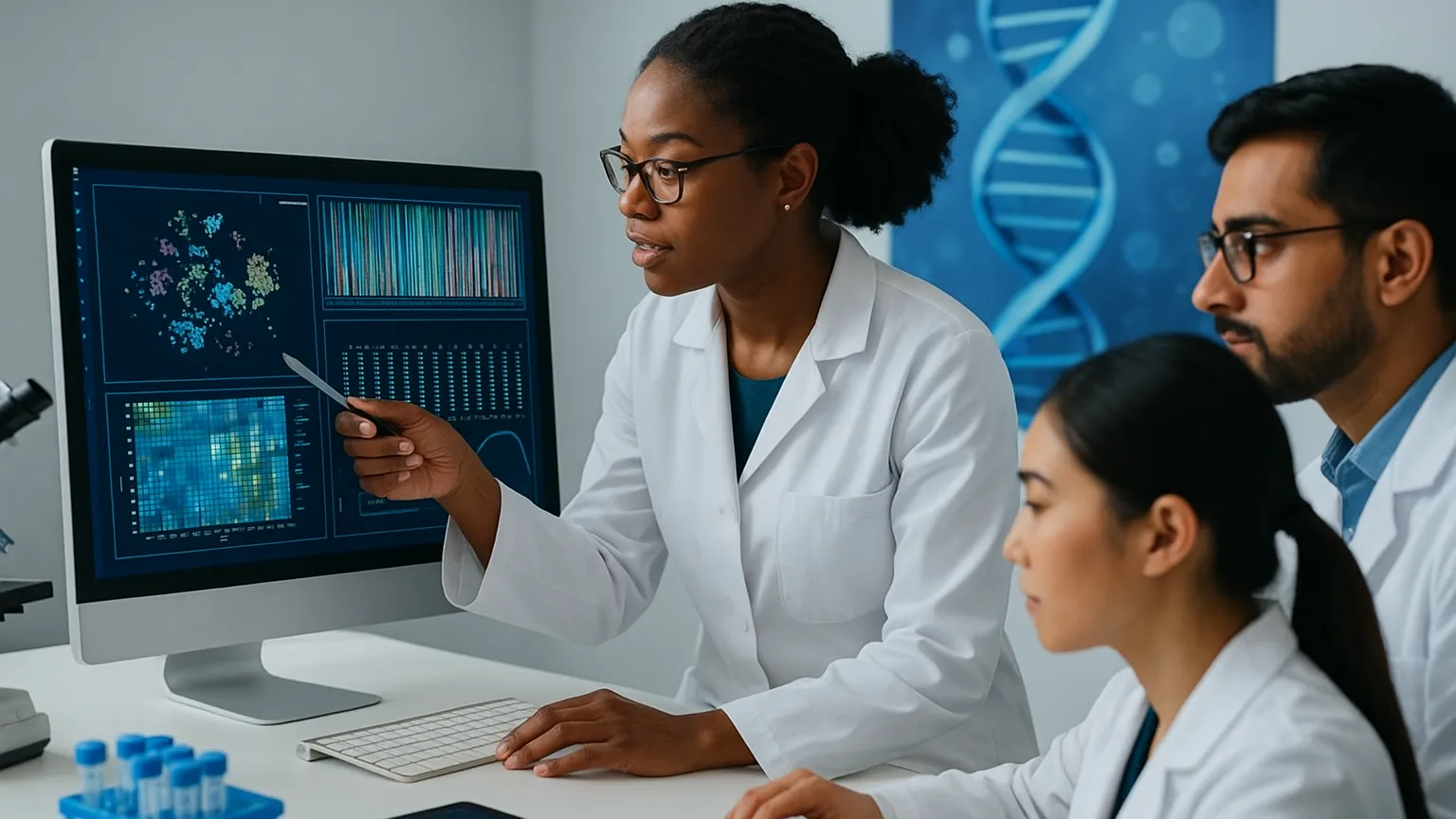 Three scientists in lab coats examining scientific data on a computer screen with a DNA poster in the background.