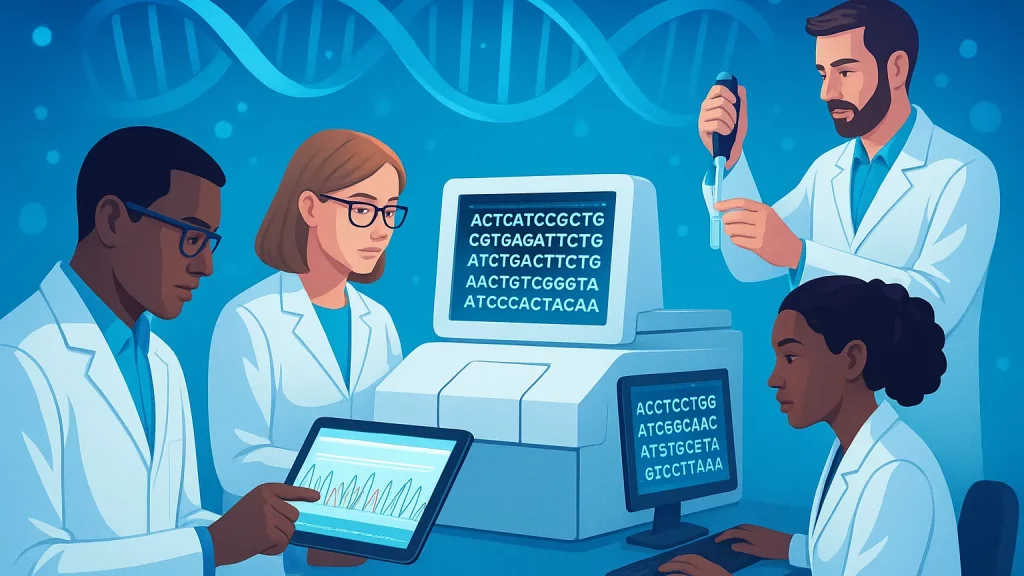 Illustration of four scientists in lab coats working with DNA sequences on computers and digital devices.