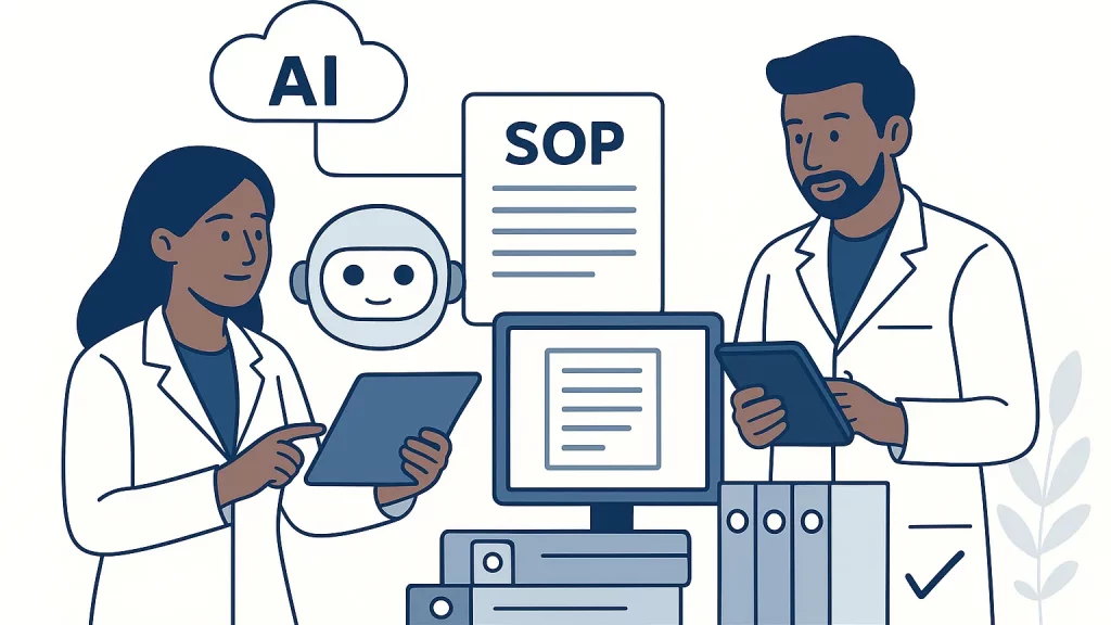 Illustration of two scientists in lab coats using tablets, with AI and SOP symbols, highlighting technology integration in research.