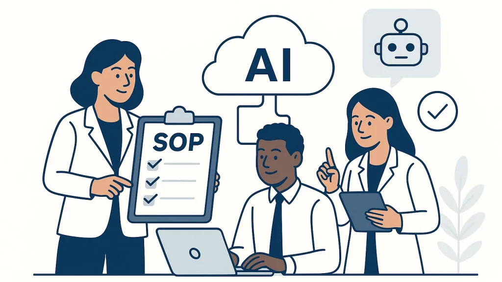 Illustration of three people in lab coats discussing AI, with one holding a clipboard labeled SOP and another using a laptop.