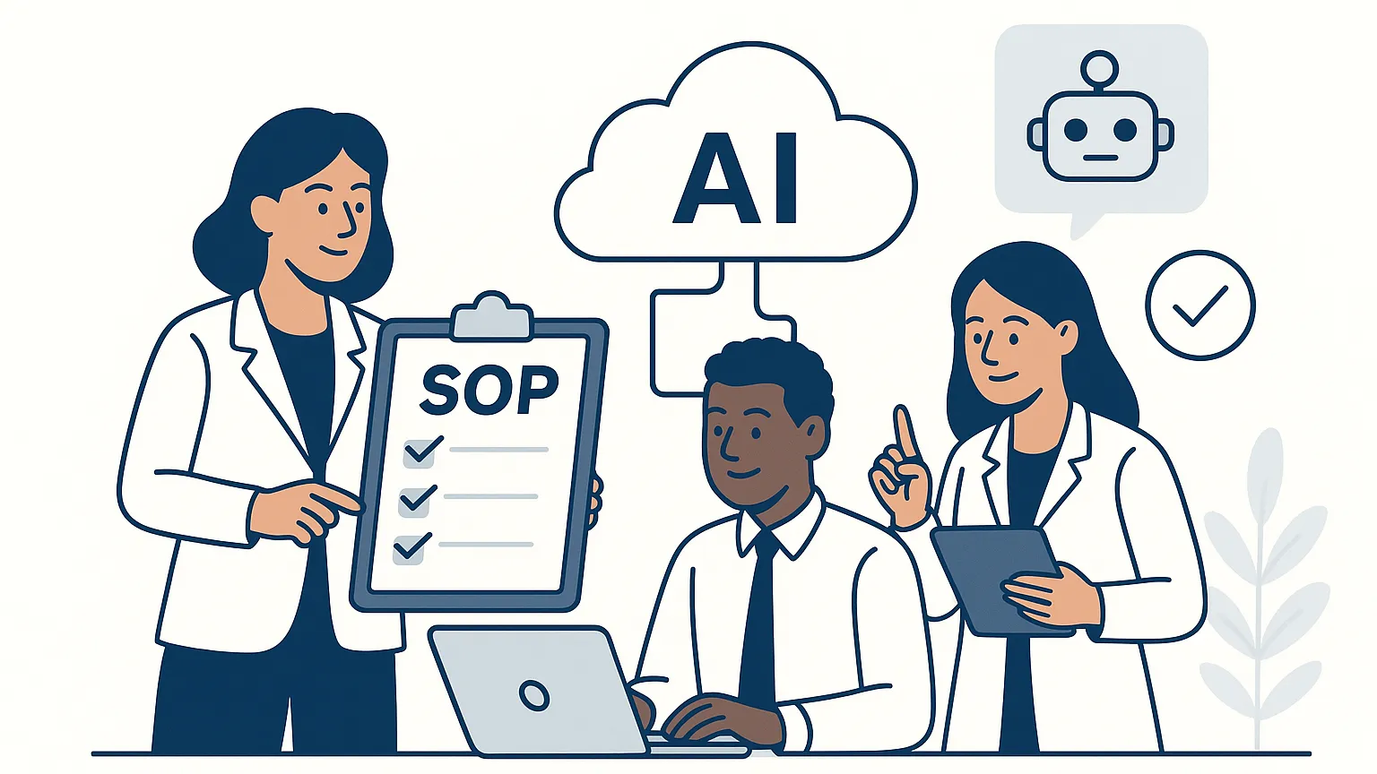 Illustration of three people in lab coats discussing AI, with one holding a clipboard labeled SOP and another using a laptop.