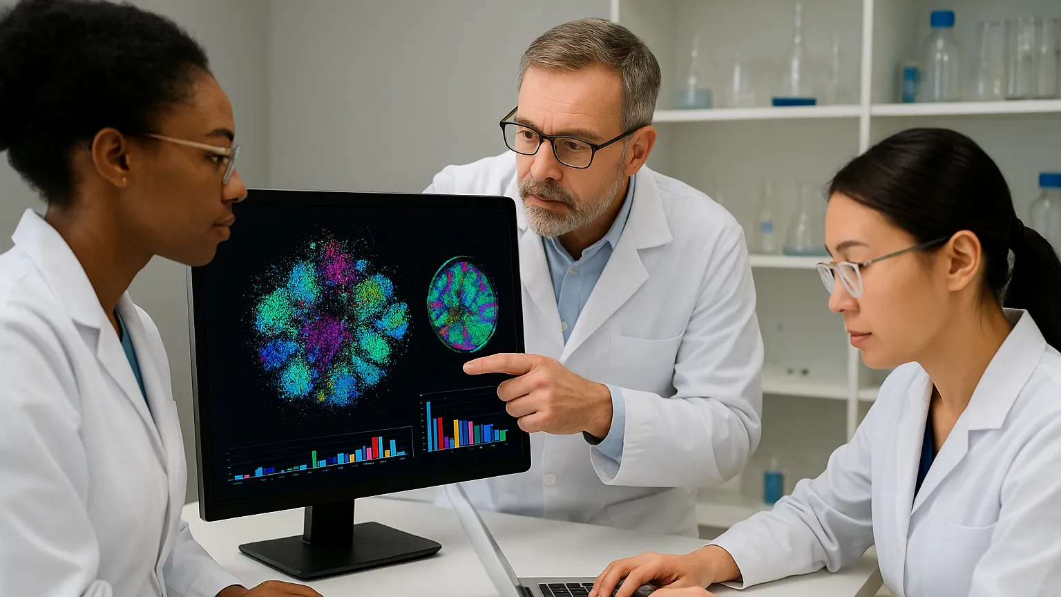 Three scientists in lab coats examining colorful data visualizations on a computer screen, with glassware in the background.
