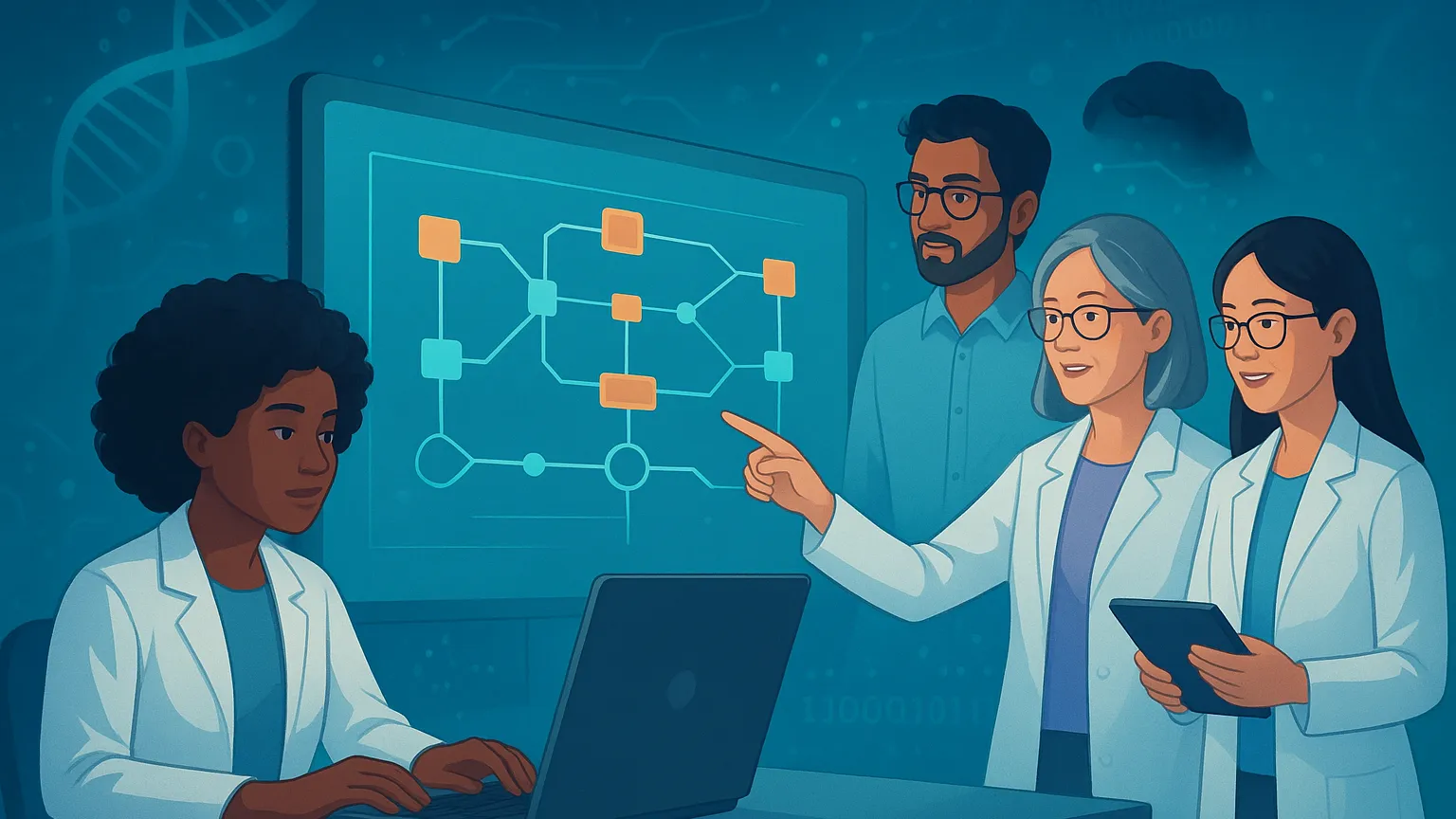 Illustration of scientists in lab coats collaborating in front of a screen displaying a flowchart, with one working on a laptop and others taking notes.