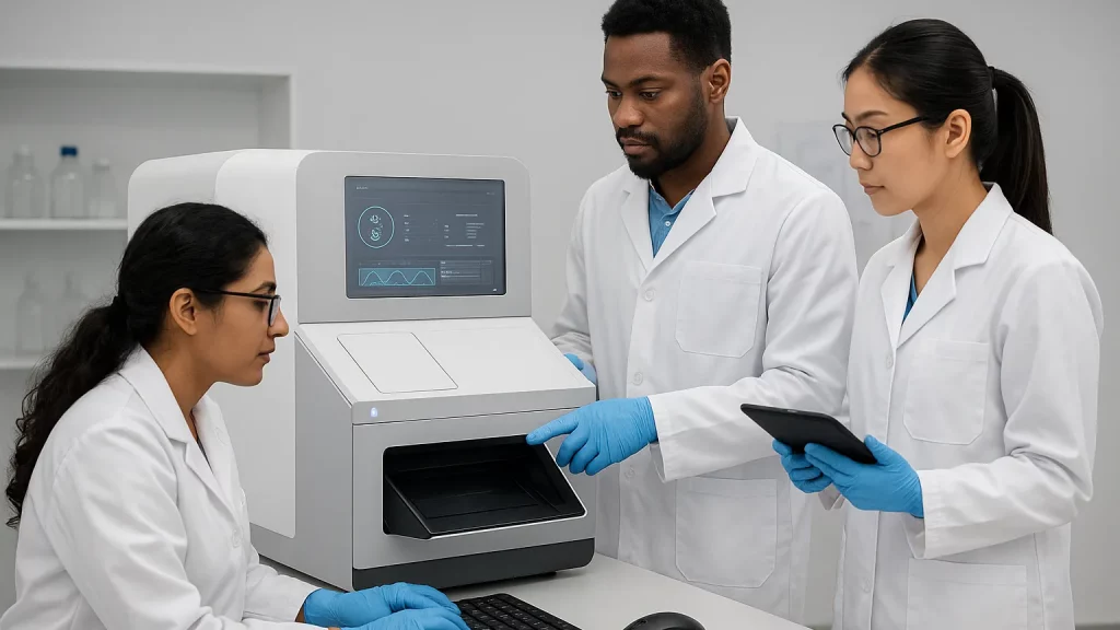 Three scientists in lab coats analyzing information from a modern lab machine, with one scientist seated at a computer and two others standing with a tablet.