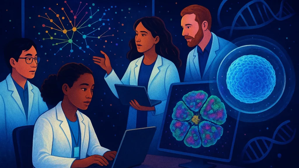 Illustration of four scientists in lab coats working together around computer screens displaying cellular structures and a network diagram.