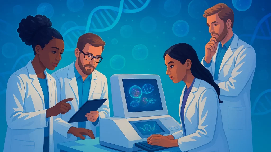 Illustration of four scientists in white lab coats working together at a computer displaying DNA imagery, with a DNA strand in the background.
