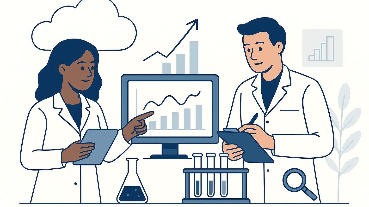 Illustration of two scientists in lab coats analyzing data on a computer monitor with charts and graphs. One scientist holds a tablet and points at the screen, while the other holds a clipboard. Lab equipment like test tubes and a flask are on the table.