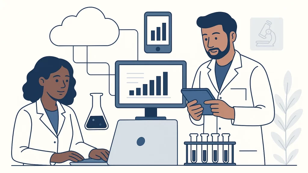 Illustration of two scientists in lab coats using a laptop and tablet, with charts displayed on screens and laboratory equipment around them.