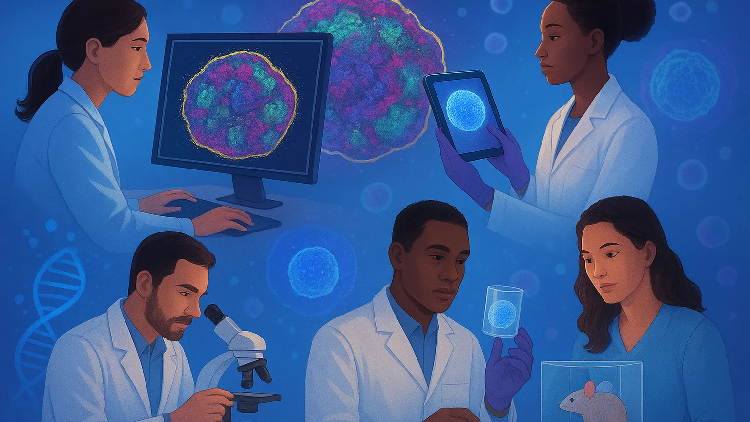 Illustration of diverse scientists working together in a laboratory setting, analyzing a colorful virus model on a computer and tablet, observing samples under a microscope, holding a petri dish, and examining a mouse in a container.