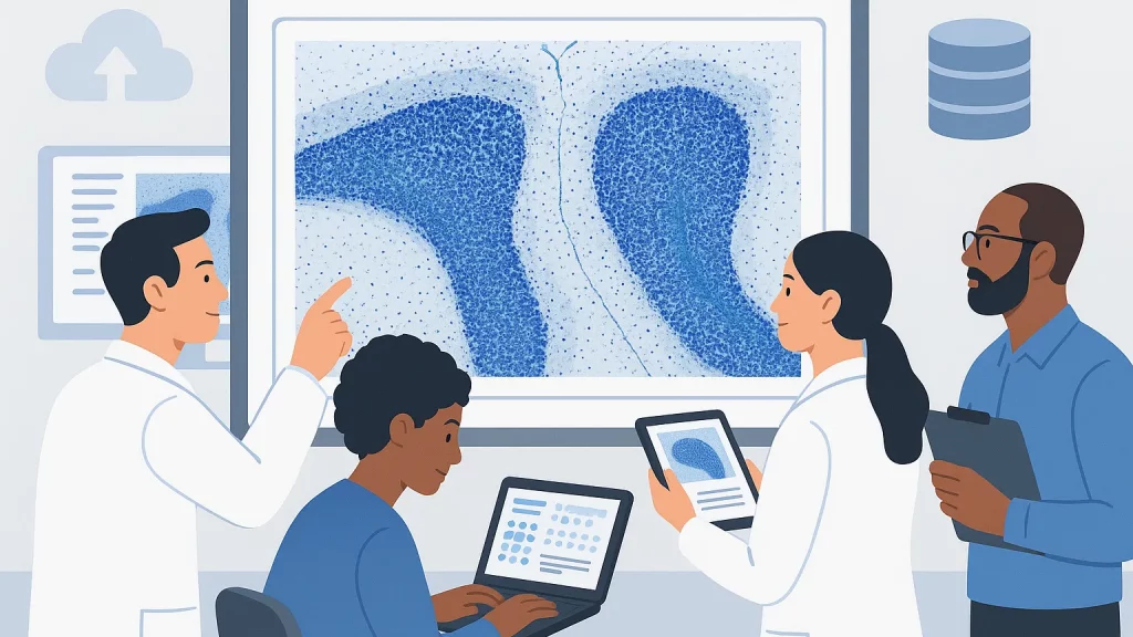 Illustration of four researchers analyzing data on screens, a laptop, and a tablet, with a large display showing a cellular image.