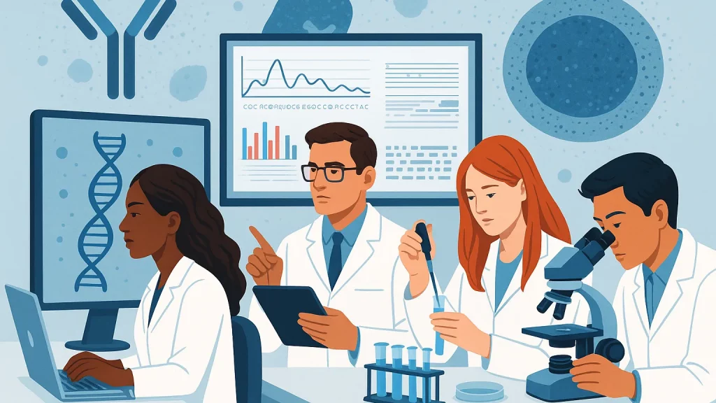 Illustration of four scientists in lab coats working in a laboratory. One is using a laptop, another is holding a tablet, one is using a pipette, and the last is looking through a microscope. Background shows DNA and antibody structures.