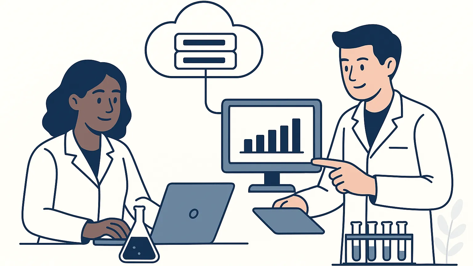 Illustration of two scientists in lab coats, one using a laptop and the other holding a tablet with a screen showing a bar graph. A cloud and test tubes are also depicted.