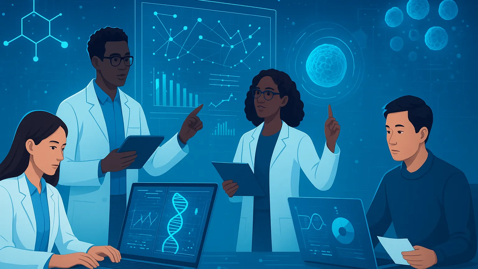 A group of scientists in white lab coats working together with laptops and tablets, analyzing data and digital displays on a blue background.