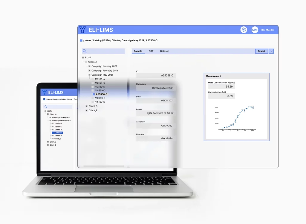 A laptop with a LIMS softeware for data analysis highlighted