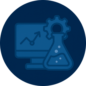 an icon with a computer, gear and lab flask