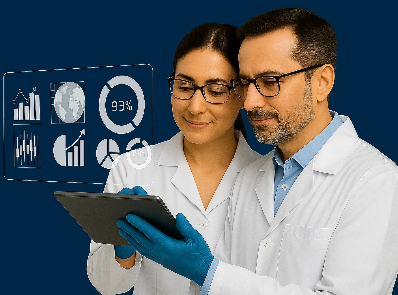 Two scientists monitoring a tablet with a dashboard for laboratory data