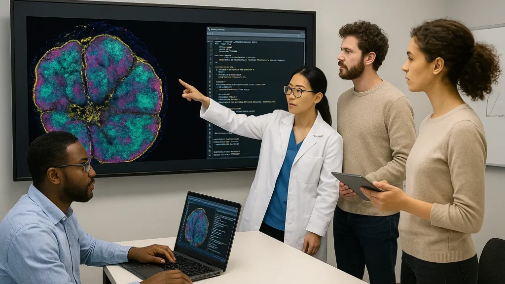 A group of scientists analyzing a colorful cellular image on a screen, with one researcher pointing at the display and others observing with electronic devices.