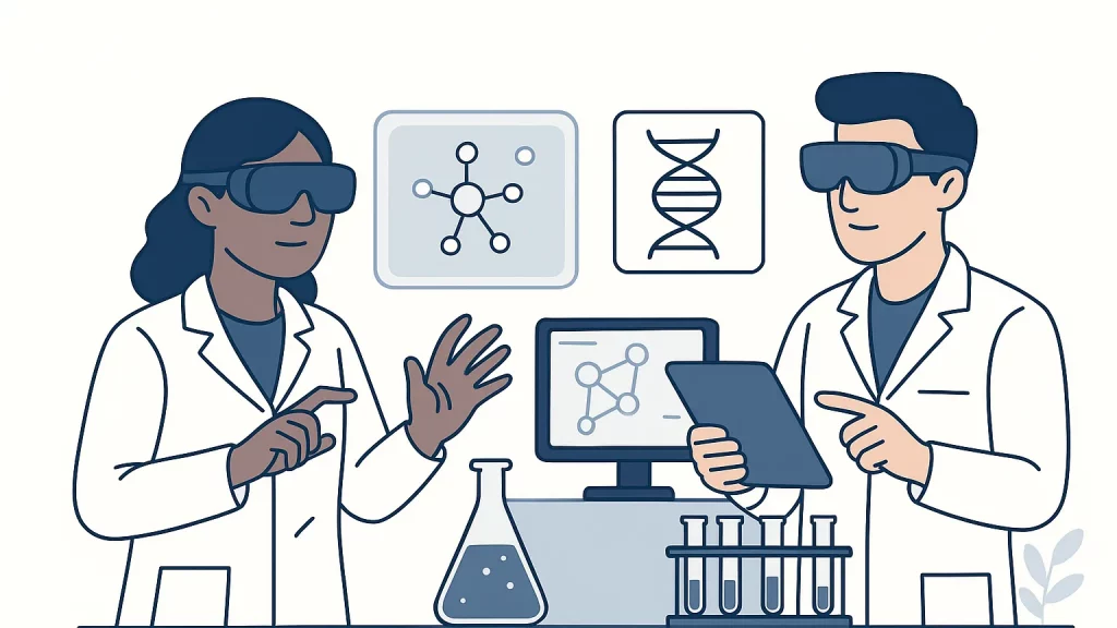 Illustration of two scientists wearing virtual reality headsets, discussing molecular structures displayed on screens, with laboratory equipment in the background.