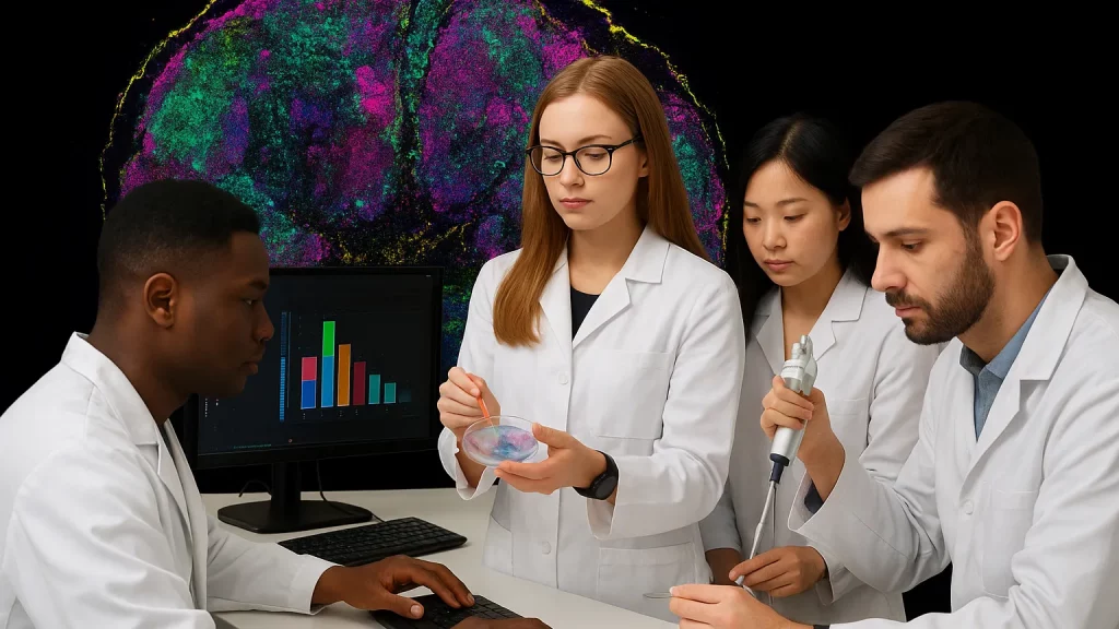 Four scientists in lab coats analyzing a petri dish, with a computer screen displaying bar graphs and a large colorful image behind them.
