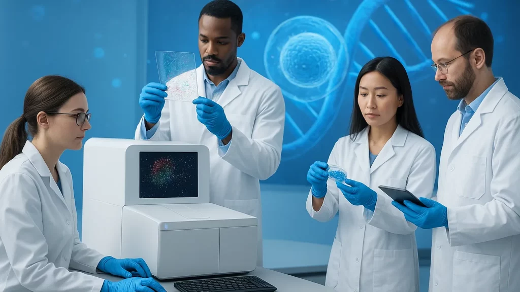 Four scientists in lab coats and gloves analyzing data and samples with laboratory equipment in a room with DNA and cell imagery on the wall.
