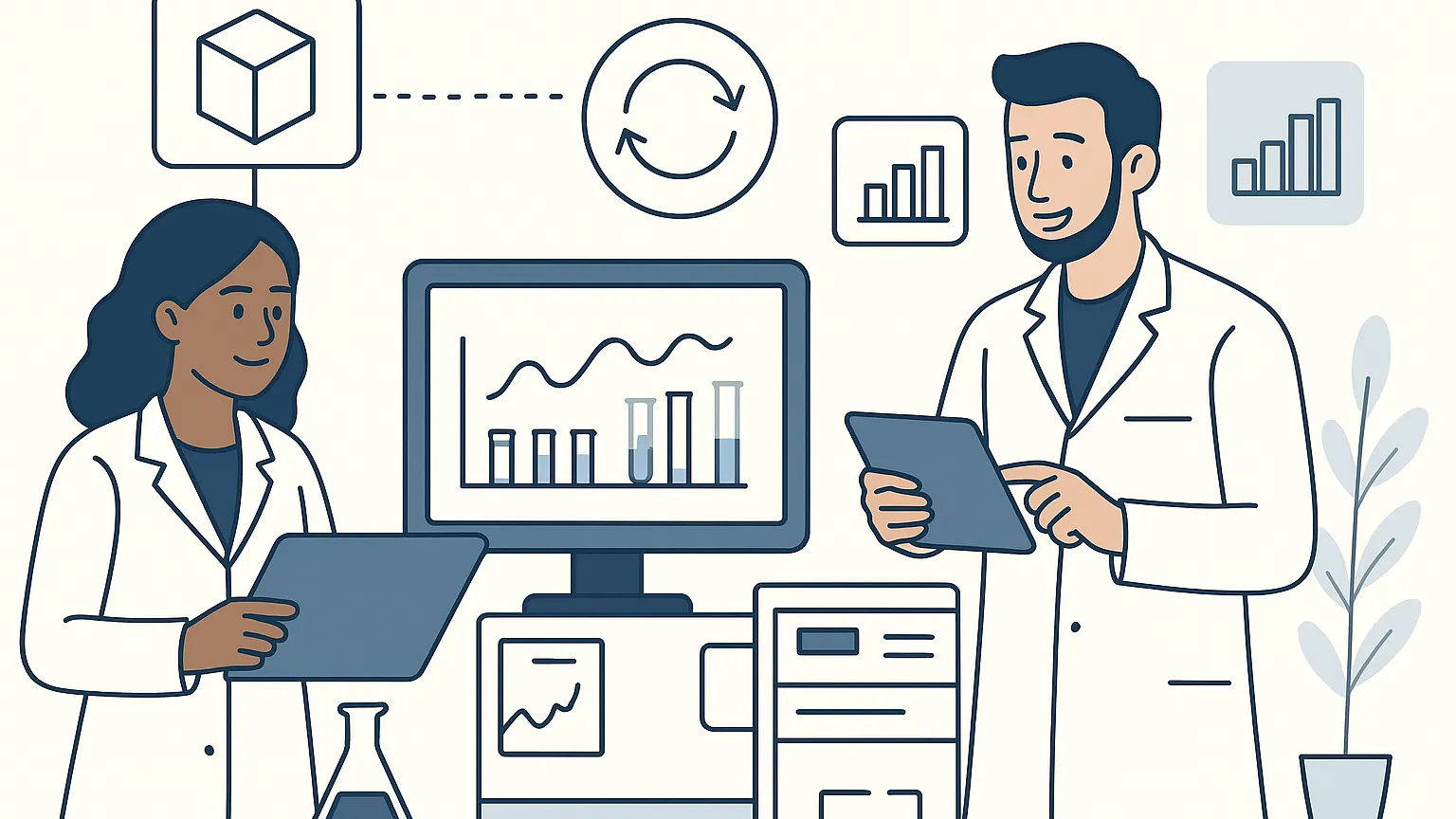 Illustration of two scientists in lab coats using digital devices to review graphs and data on a computer monitor.