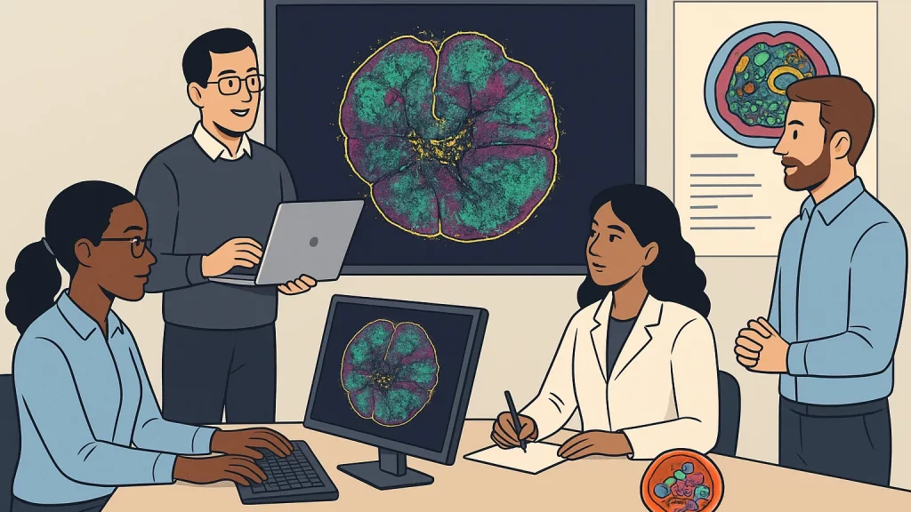 Illustration of four scientists in a lab environment, examining large, colorful images of cells displayed on a monitor and a poster. One scientist uses a laptop, another types on a keyboard, a third takes notes, and the fourth observes.