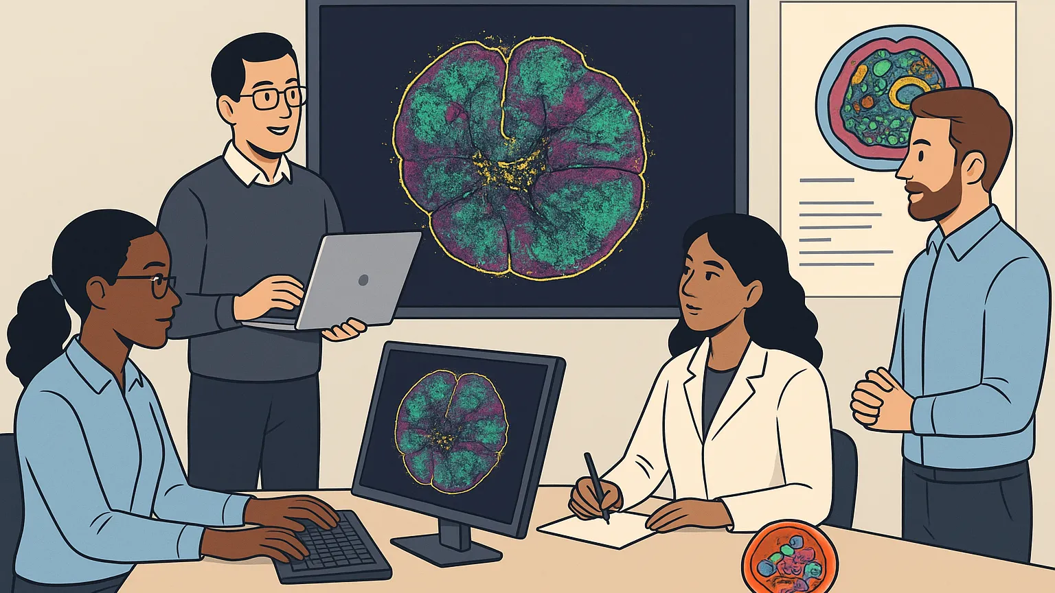 Illustration of four scientists in a lab environment, examining large, colorful images of cells displayed on a monitor and a poster. One scientist uses a laptop, another types on a keyboard, a third takes notes, and the fourth observes.