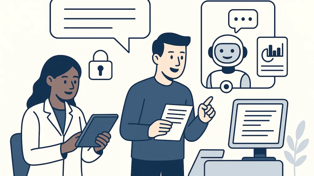 Illustration of a man and woman interacting with a computer and a robot assistant, with speech bubbles and security icons.