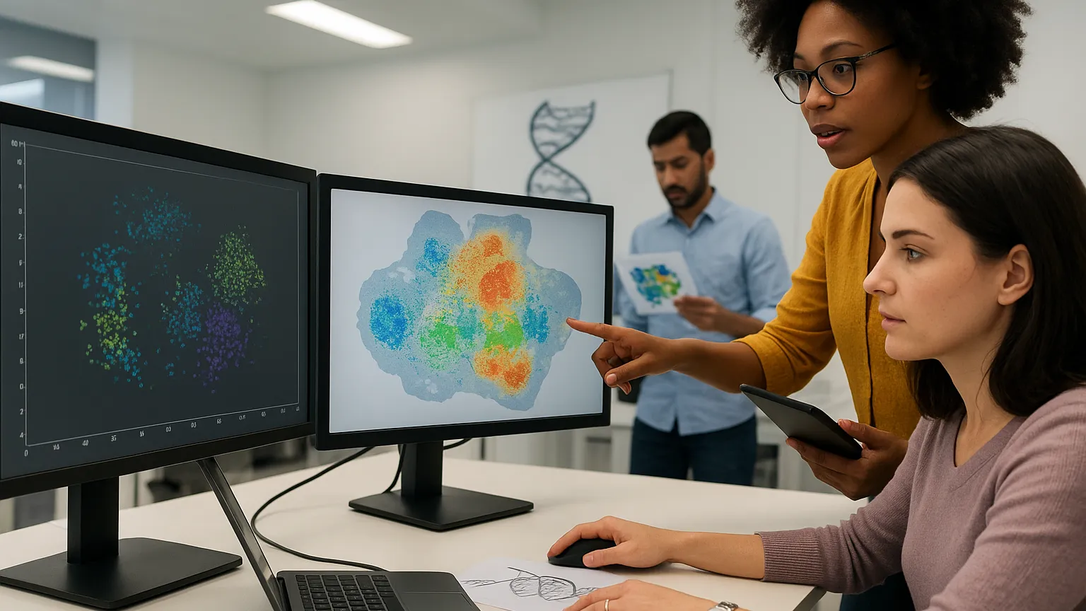 A group of three scientists analyzing data on computer screens in a laboratory setting. A woman in glasses is pointing at a colorful chart on the screen while another woman operates the computer. A man in the background is reviewing a document with similar visual data.