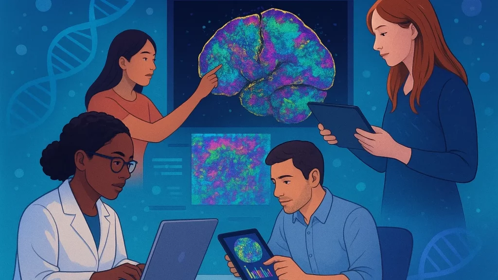 Illustration of researchers examining a vibrant brain scan on digital devices against a backdrop of DNA imagery.