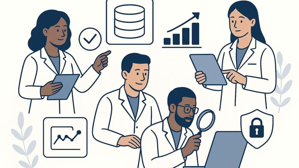 Illustration of four scientists working with data and technology, featuring symbols of data analysis, security, and progress.