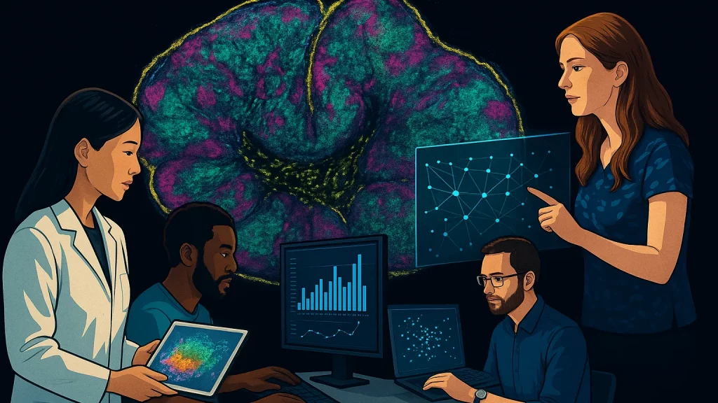 Illustration of four researchers working with charts and neural data on computer screens and a tablet, set against a large neural network visualization.