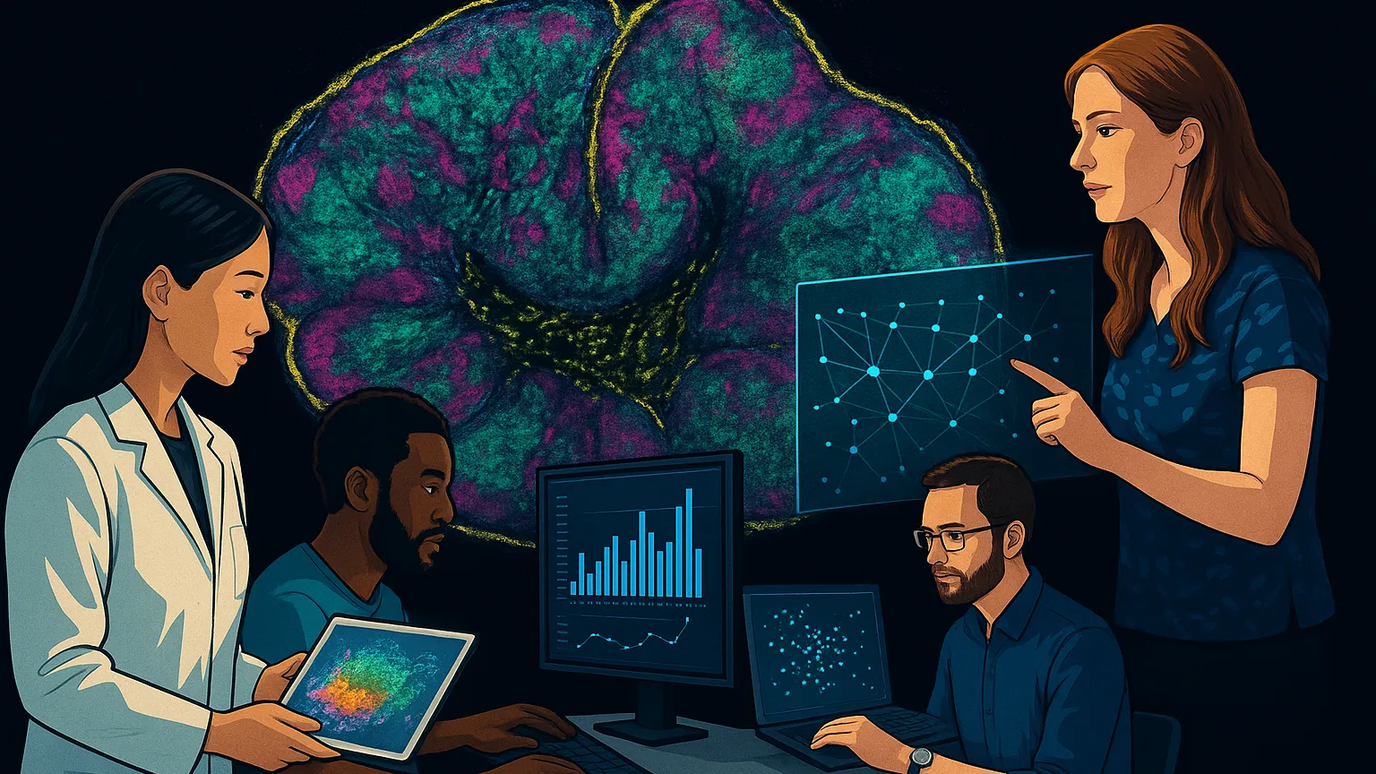 Illustration of four researchers working with charts and neural data on computer screens and a tablet, set against a large neural network visualization.