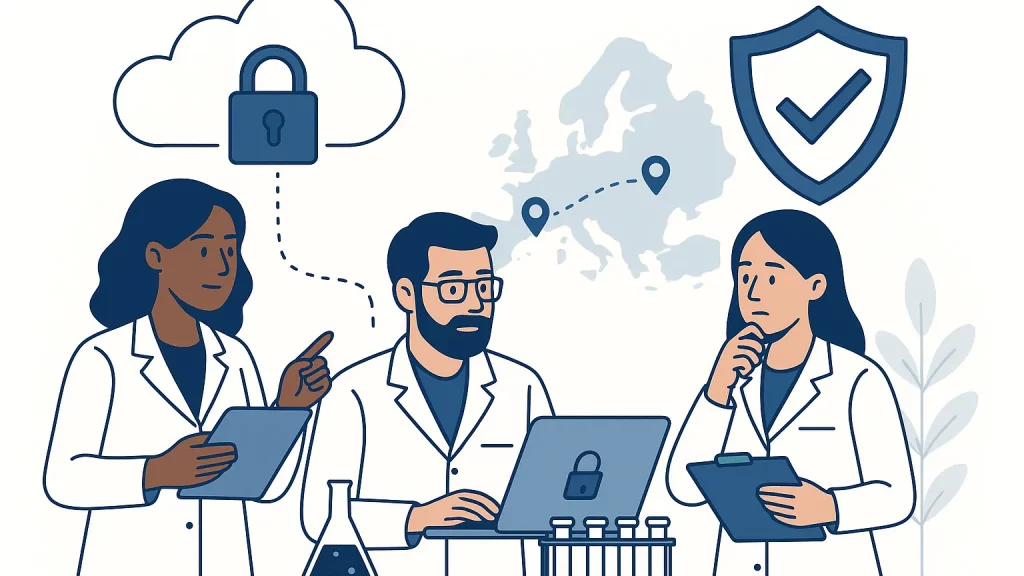 Illustration of three scientists in lab coats collaborating on a cloud data security project, with symbols of a padlock, map, and shield in the background.