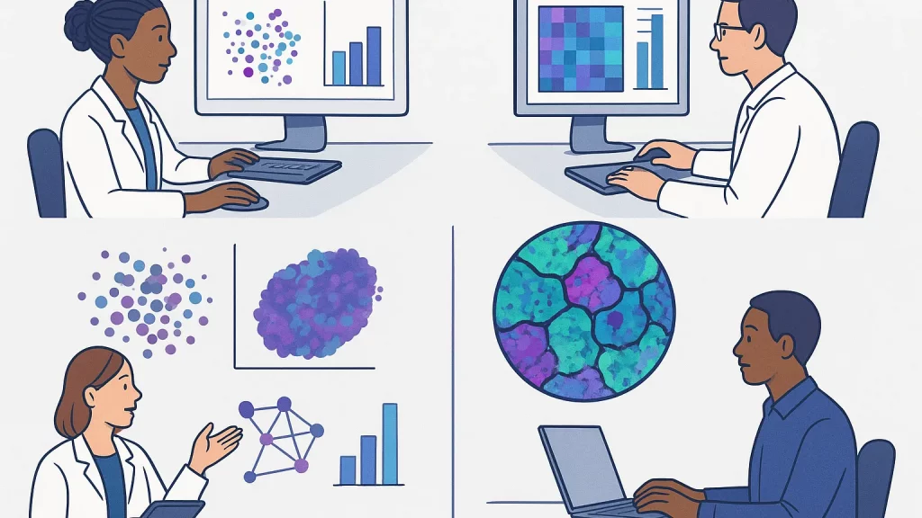Illustration of four researchers using computers and tablets to analyze data, with charts and scientific diagrams displayed on screens and in the background.