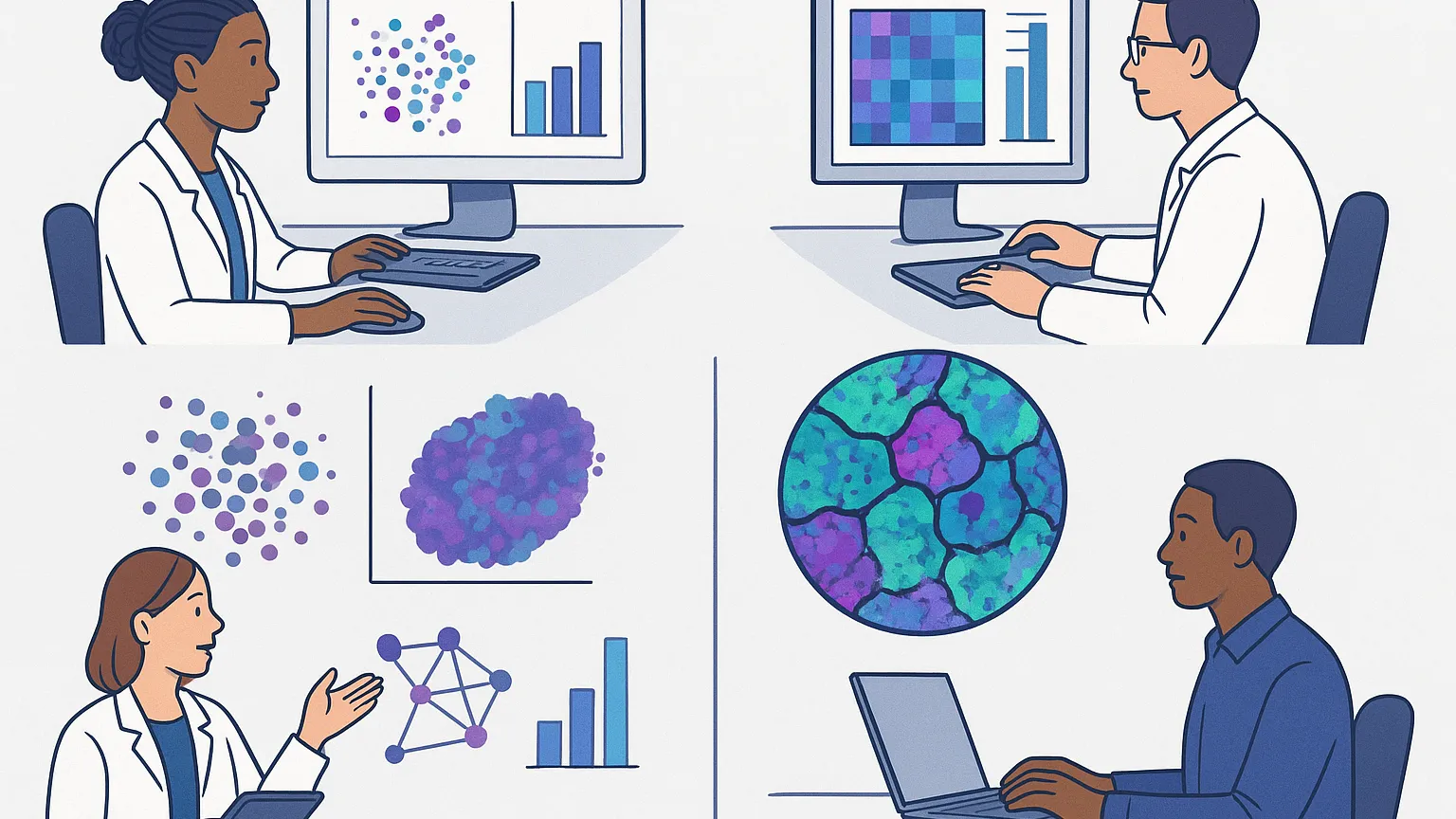 Illustration of four researchers using computers and tablets to analyze data, with charts and scientific diagrams displayed on screens and in the background.