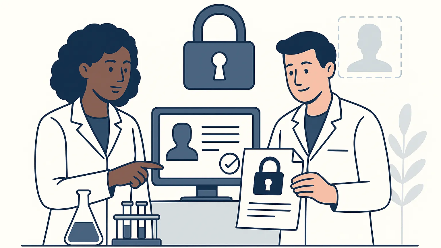 Illustration of two scientists in lab coats discussing data security with a computer screen, document showing a lock, and lab equipment in the background.
